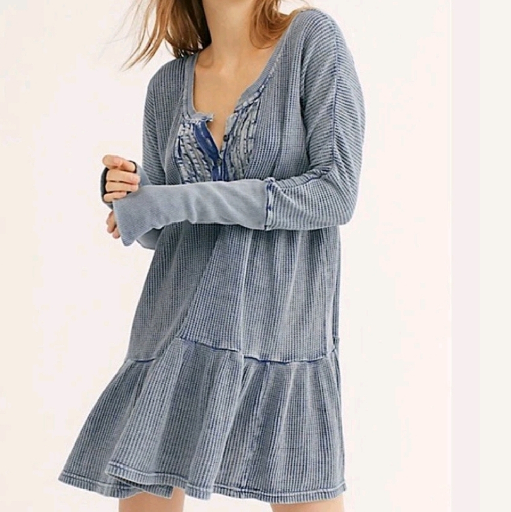 Free People Waffle Knit Tiered Long-Sleeve Mini Dress Boho Cottage Casual Fall